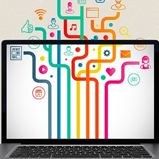 Composite image of a laptop with graphic icons on the screen