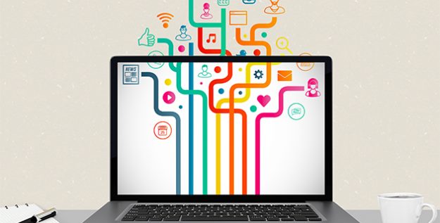 Composite image of a laptop with graphic icons on the screen